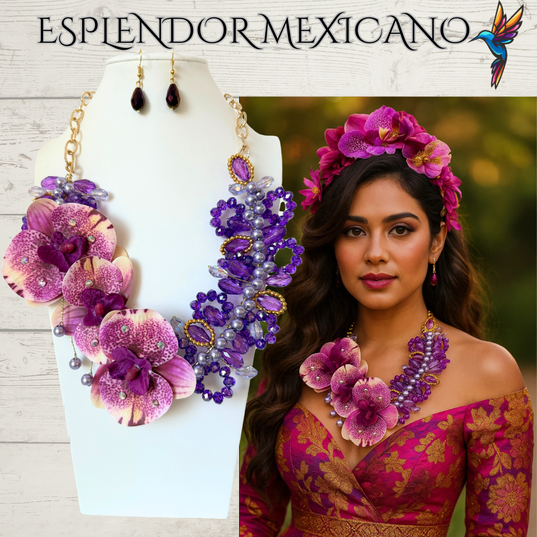 🌸 Orchid Statement Necklace Set – Handmade in Mexico