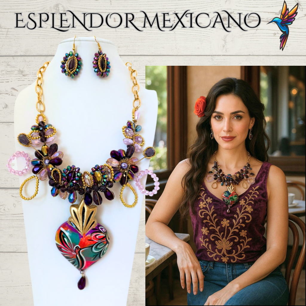 💜💛 Floral Heart Necklace Set – Hand-Painted Ceramic & Beads | Handmade in Mexico