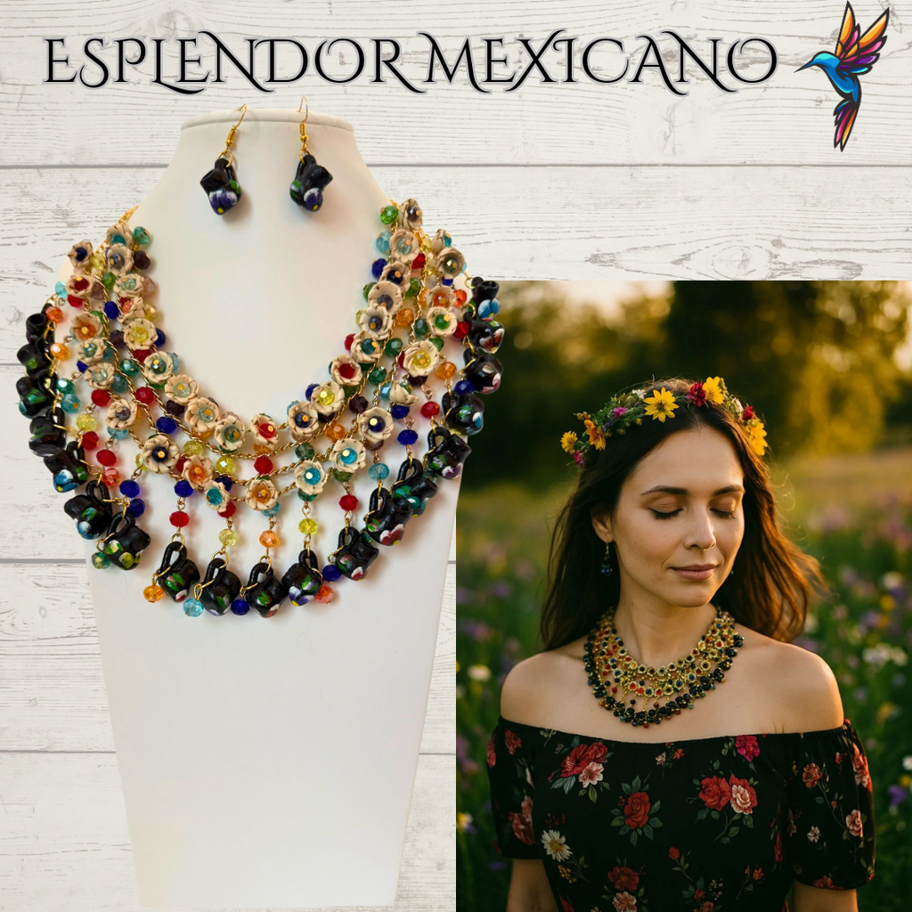 🌸 Fiesta Dreams Statement Necklace Set – Hand-Painted Jarritos, Palm & Beads
