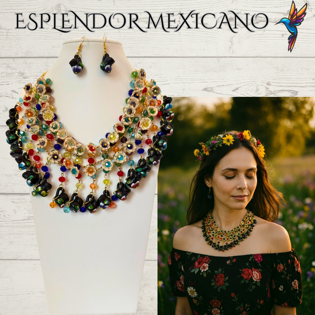 🌸 Fiesta Dreams Statement Necklace Set – Hand-Painted Jarritos, Palm & Beads