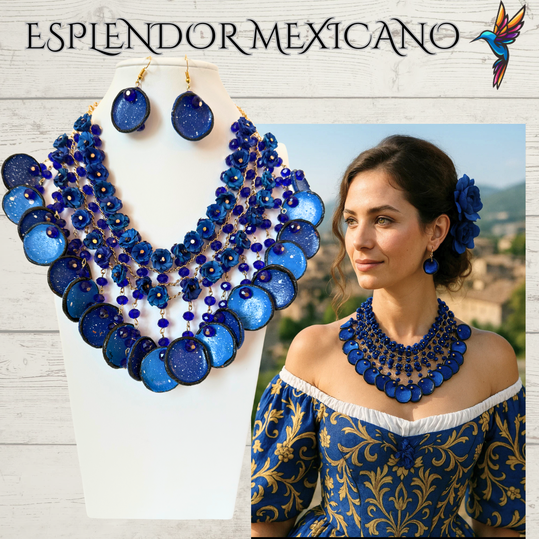 💙 Fiesta Dreams Statement Necklace Set – Talavera Clay, Palm & Glass Beads