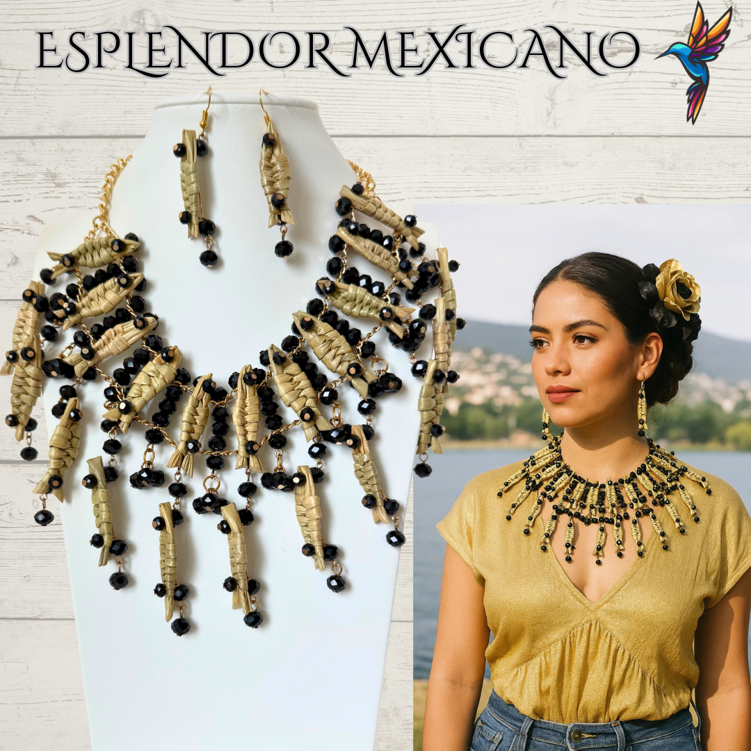 Mexican Artisanal Palm Fish Necklace Jewelry Set with Glass Beads