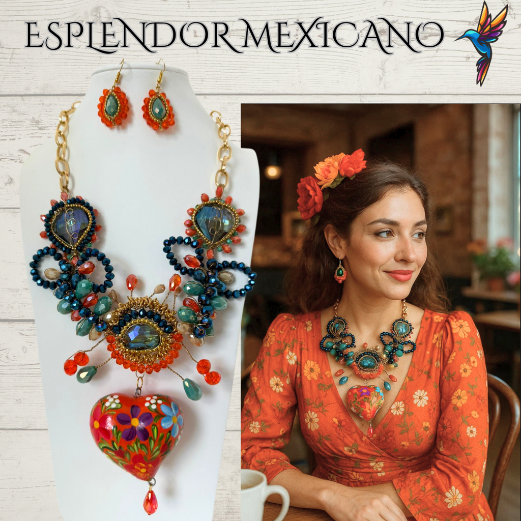 🧡💙 Floral Heart Necklace Set – Handmade in Mexico