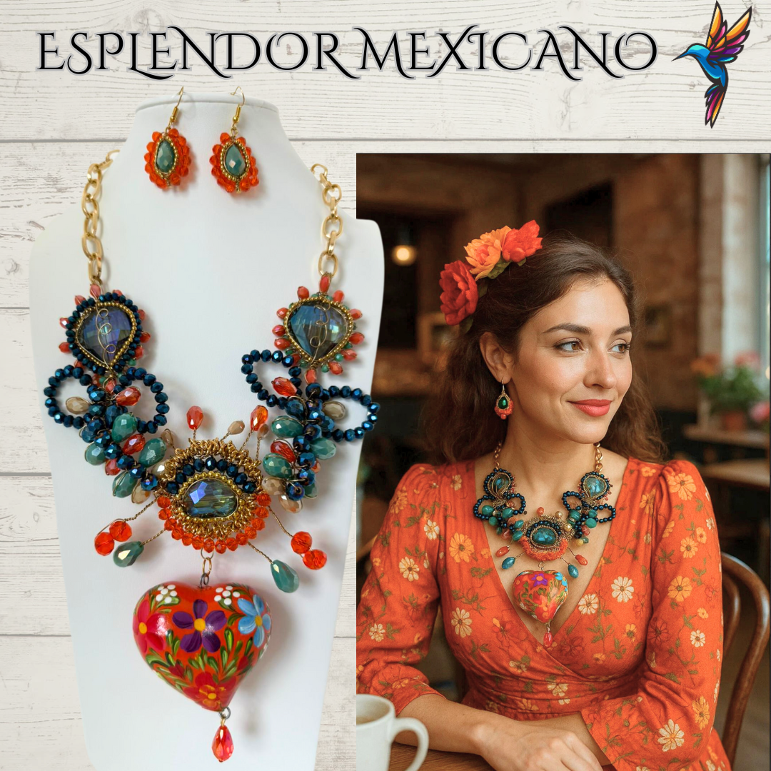 🧡💙 Floral Heart Necklace Set – Handmade in Mexico