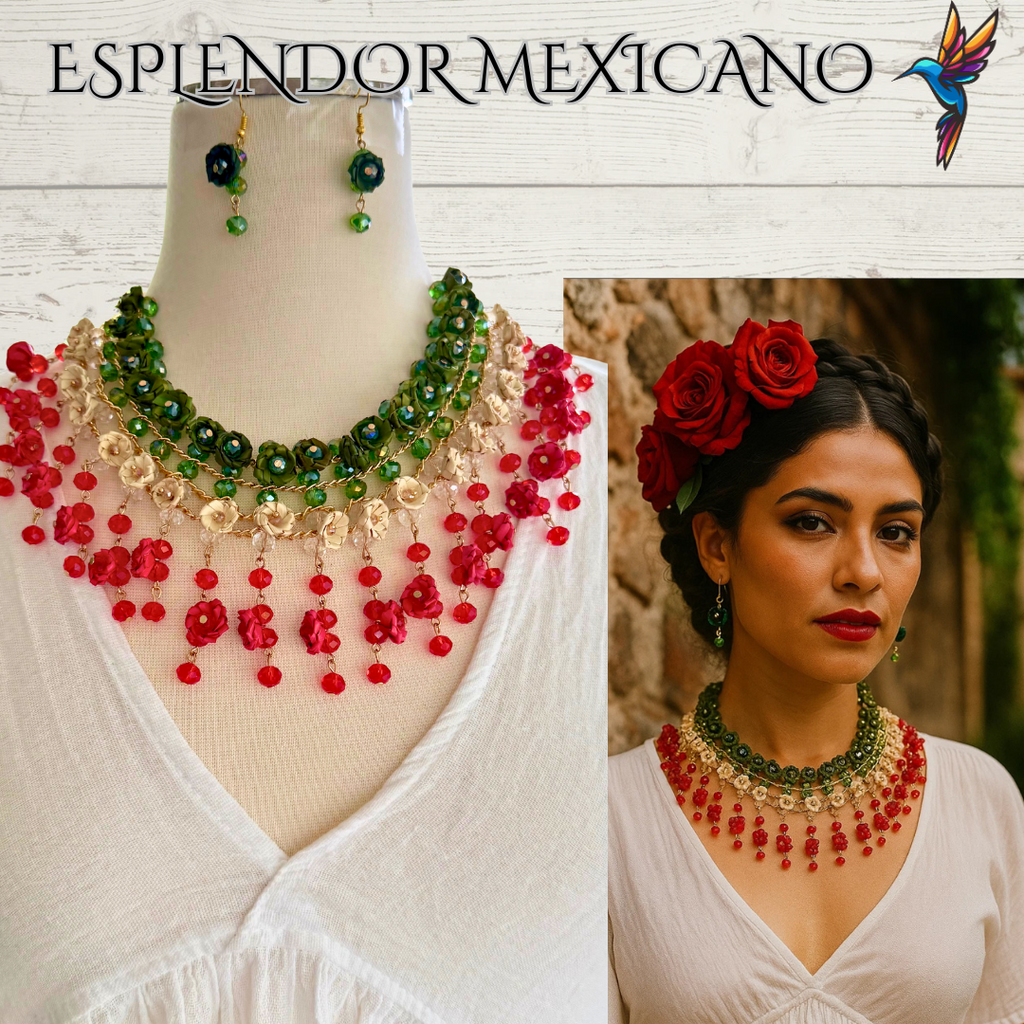 Mexican Artisanal Palm Flower Necklace Jewelry Set with Glass Beads
