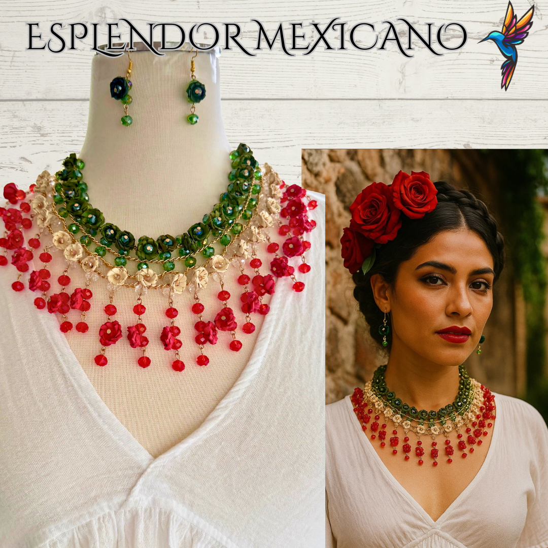 Mexican Artisanal Palm Flower Necklace Jewelry Set with Glass Beads