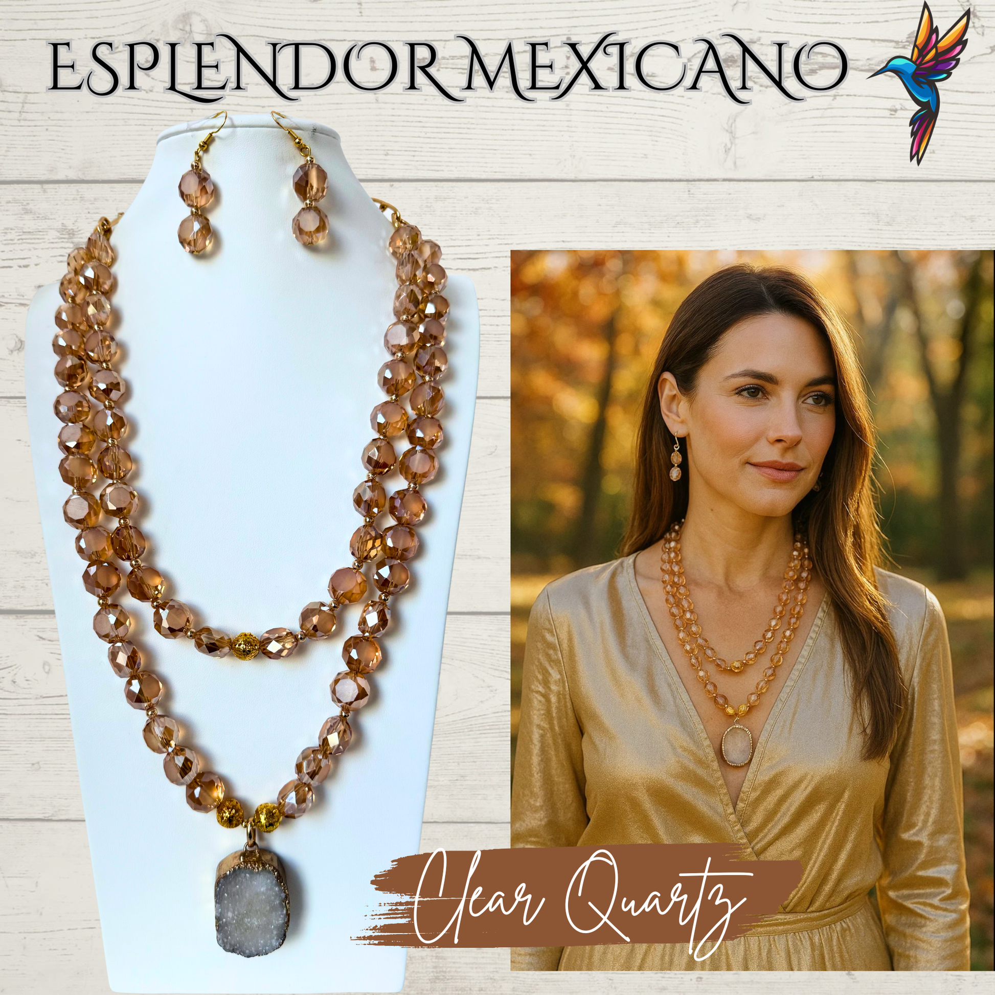 Beaded Golden Honey Faceted Cut Glass with Natural Stone pendant Necklace