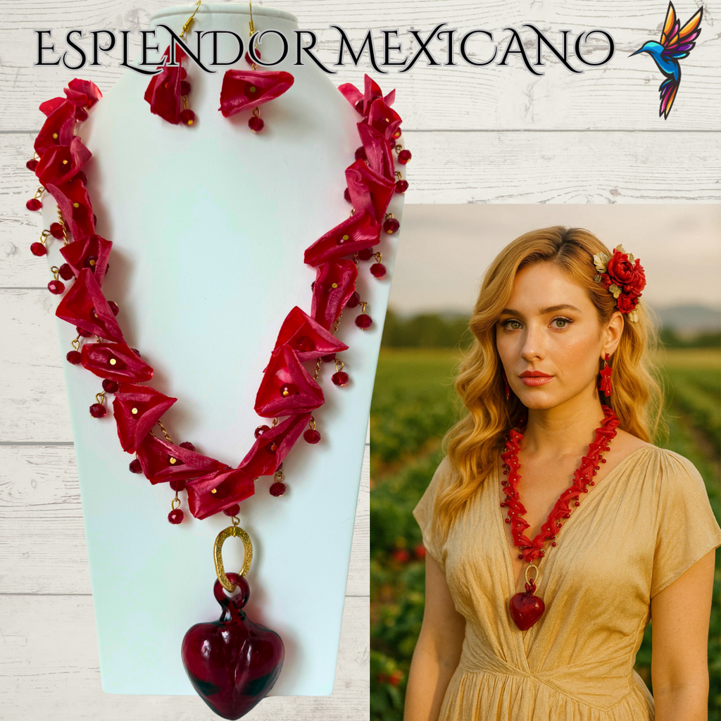 ❤️‍🔥 Handmade Fish Scale & Handblown Glass Heart Necklace Set