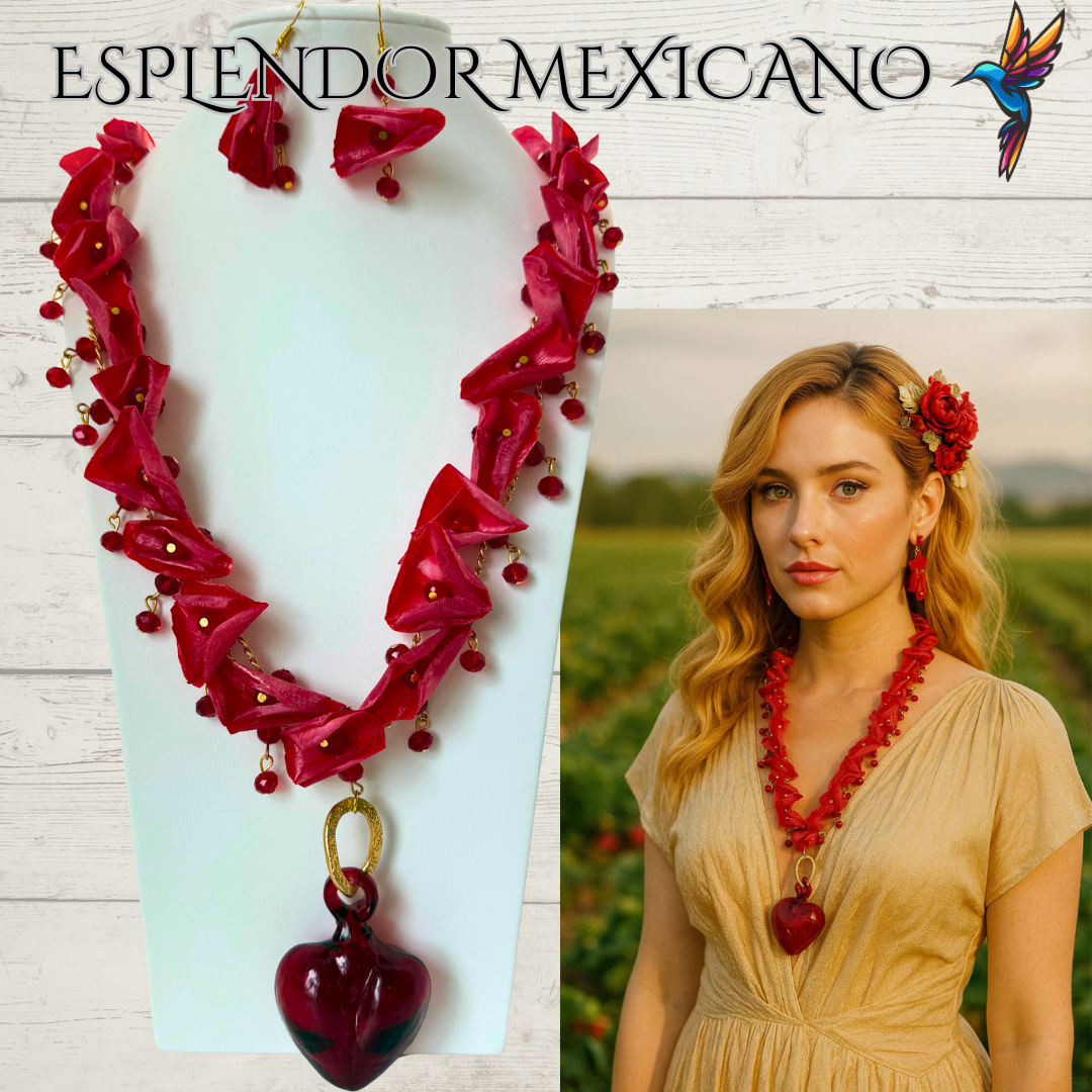 ❤️‍🔥 Handmade Fish Scale & Handblown Glass Heart Necklace Set