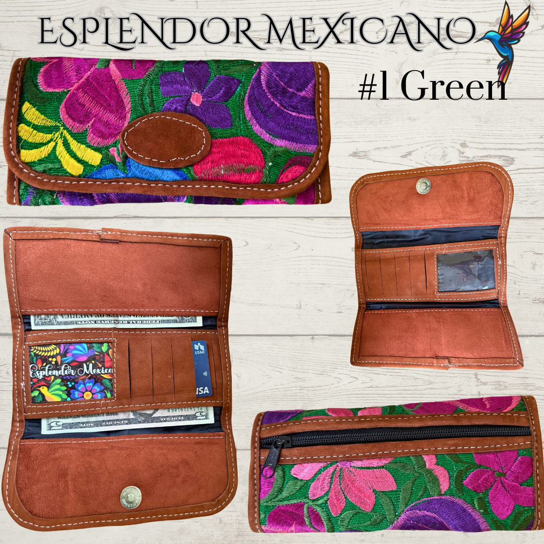 🌸 Handmade Mexican Floral Embroidered Wallet – Gamuza & Cotton