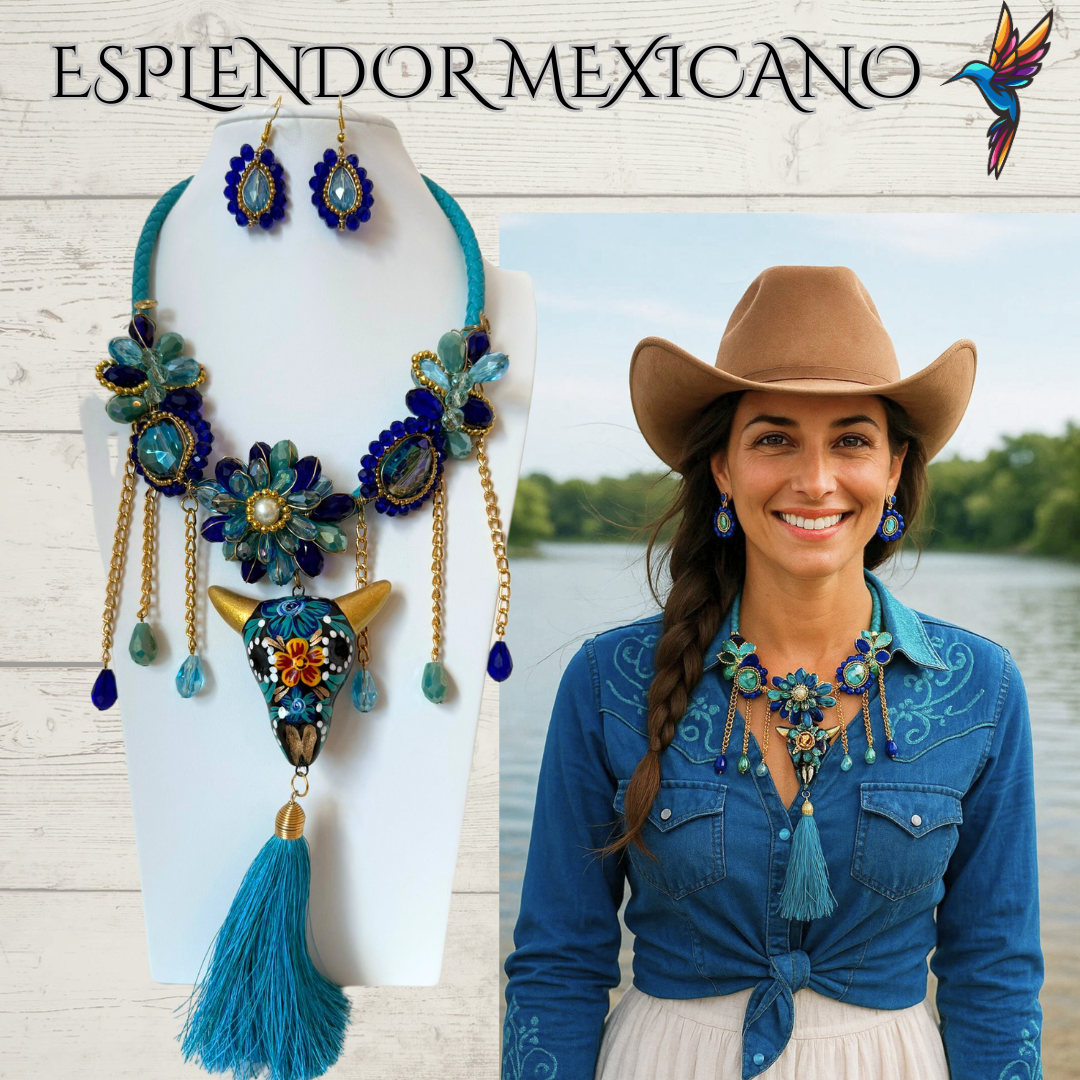 💙🩵💚 Teal & Blue Skull Necklace Set – Handmade in Mexico