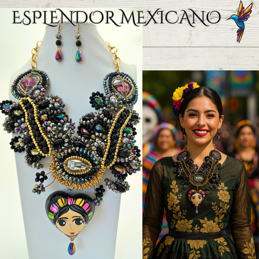 🤍✨ Bedazzled Skull Necklace Set – Handmade in Mexico