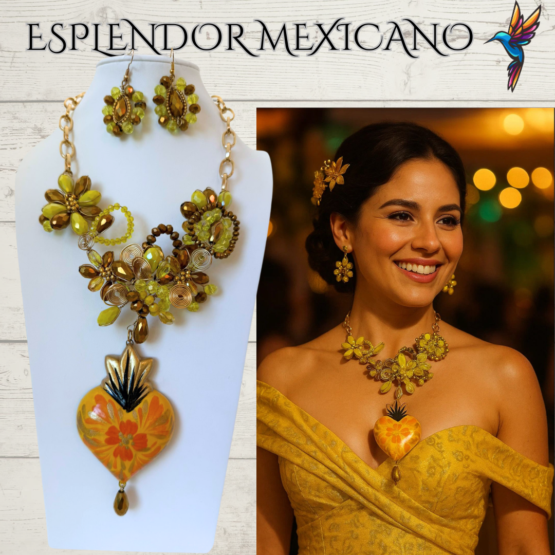 🧡💛 Floral Heart Necklace Set – Hand-Painted Ceramic & Beads | Handmade in Mexico