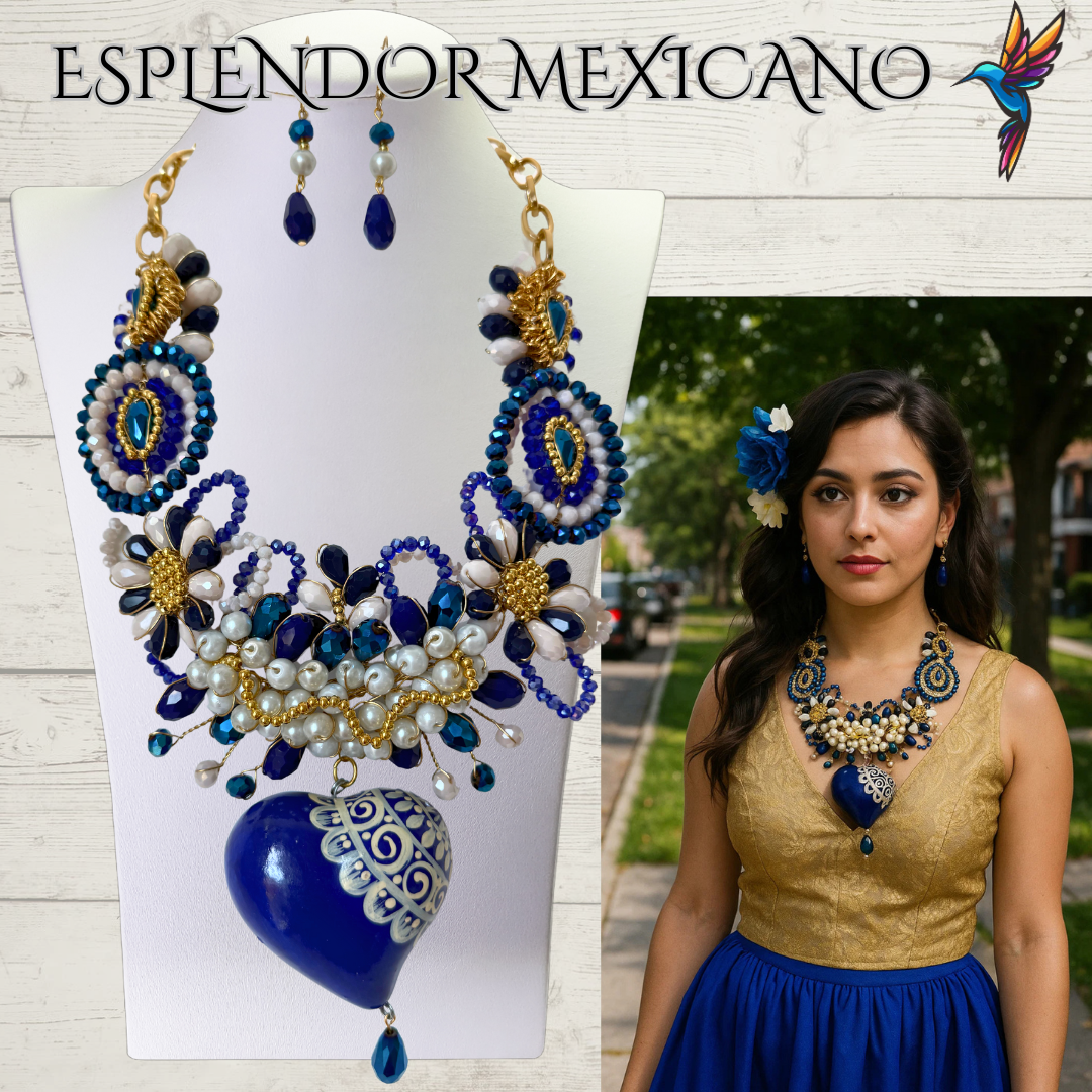 Mexican handmade Beaded Necklace Set with Hand Painted Ceramic Heart