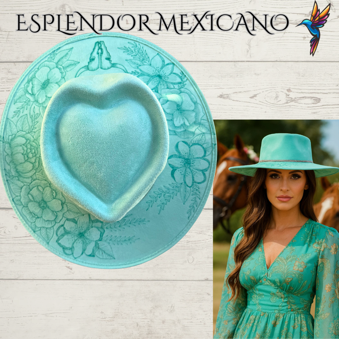 🩵 Handcrafted Suede Cowgirl Hat – Skull & Flower Design Heart-Shaped Crown