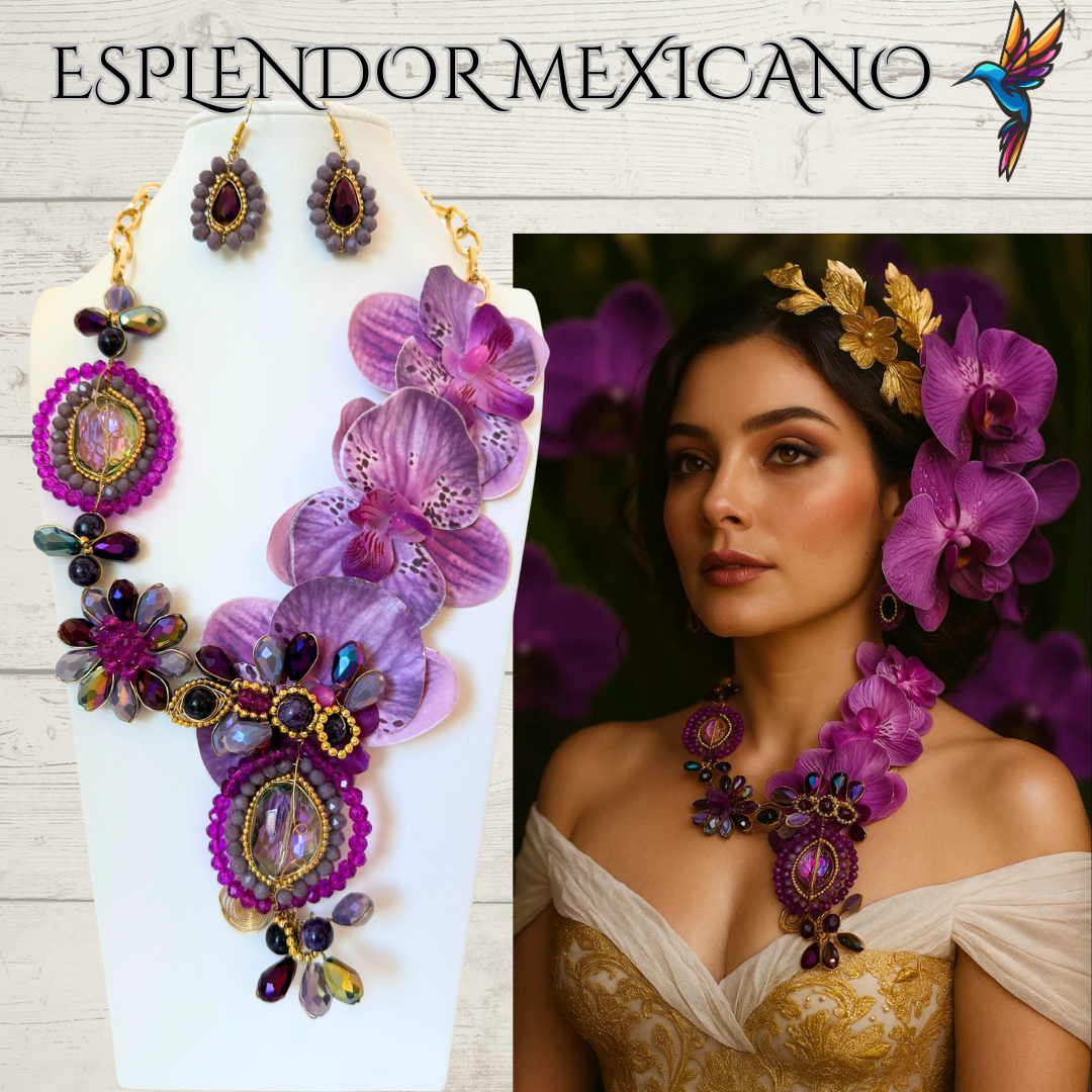 🌸 Orchid Statement Necklace Set – Handmade in Mexico