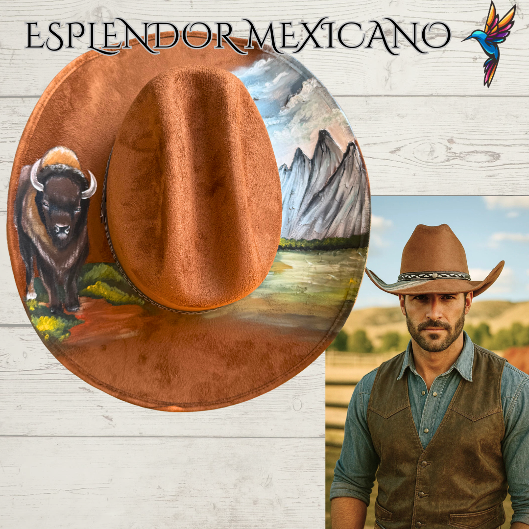 🤎 Hand-Painted Buffalo Cowgirl Hat – Handmade in Mexico
