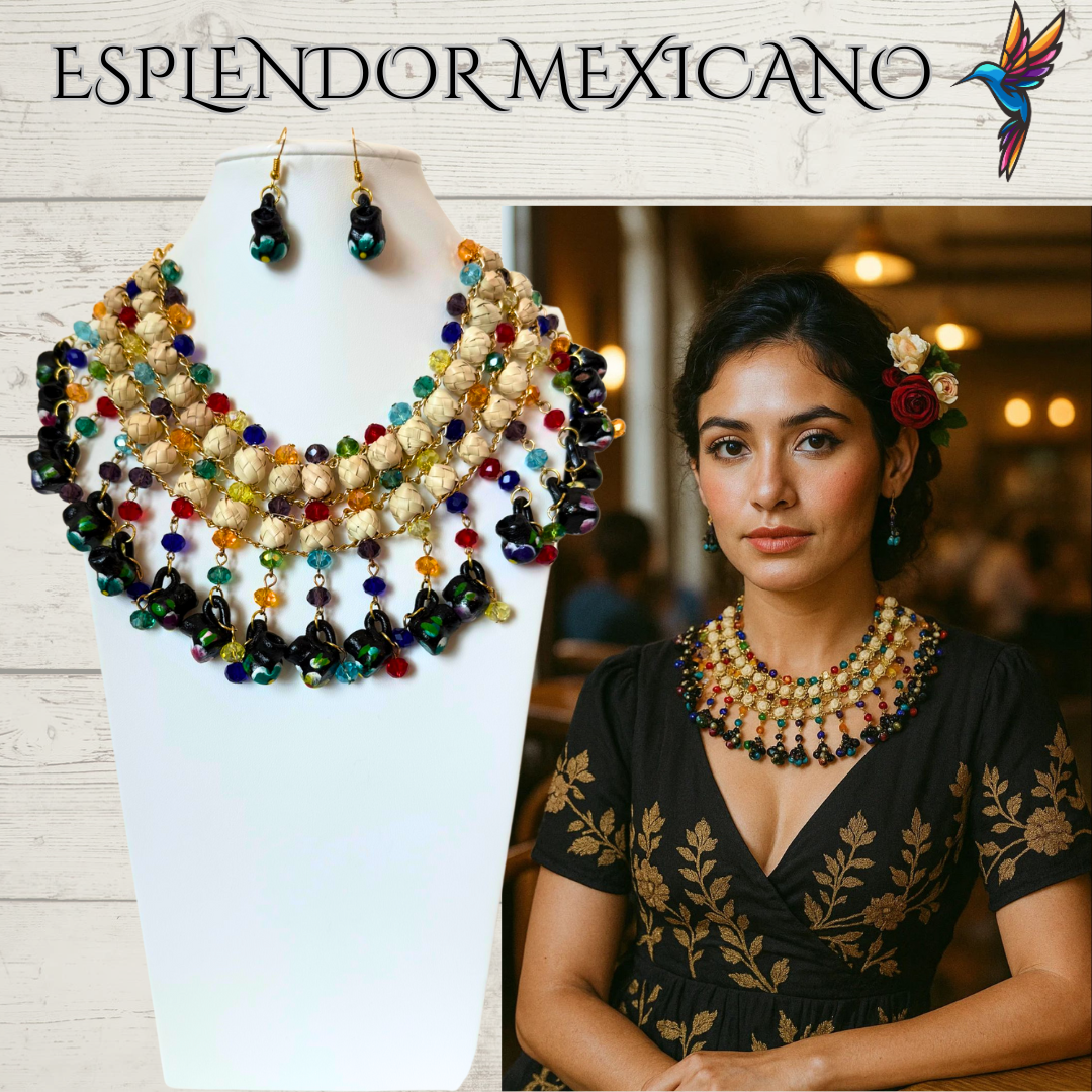 🌈 Colorful Jarritos Statement Necklace Set – Palm, Talavera Clay & Beads
