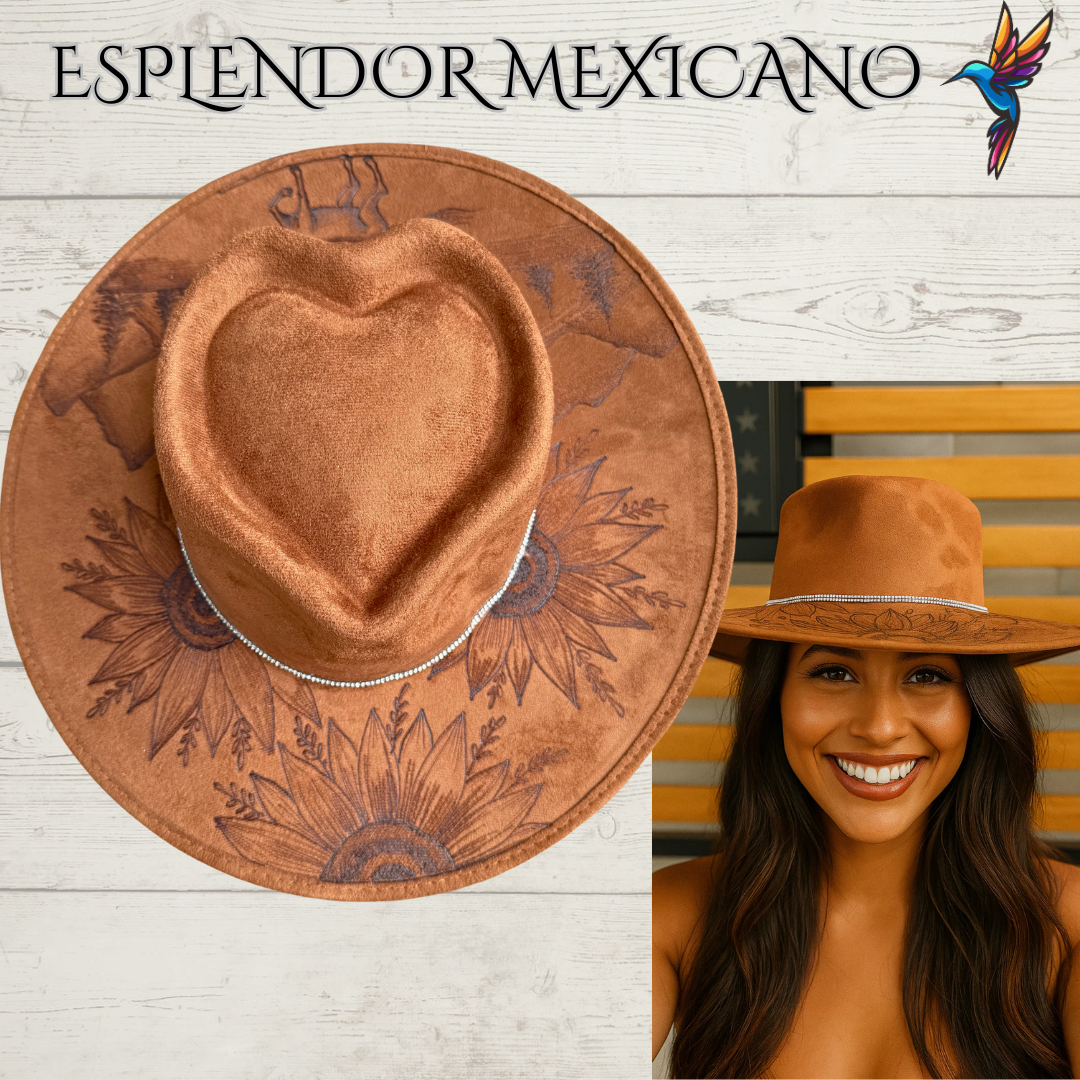 🤎 Hand-Burned Suede Cowgirl Hat – Horse, Flowers & Mountains
