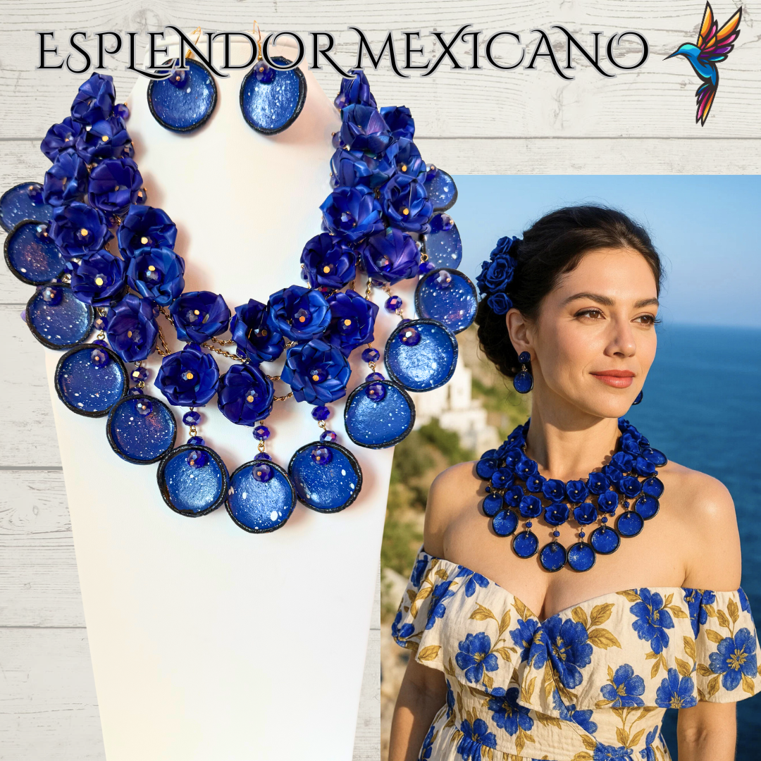 💎💙 Bold Blue Heritage Necklace Set – Mexican Talavera & Palm Craft