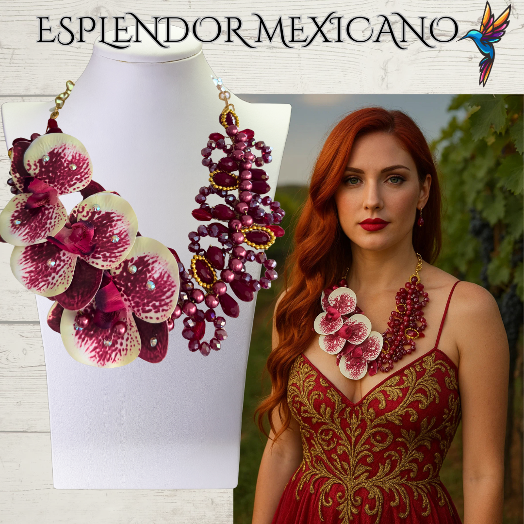 🌸 Bold Orchid Necklace Set – Handmade in Mexico