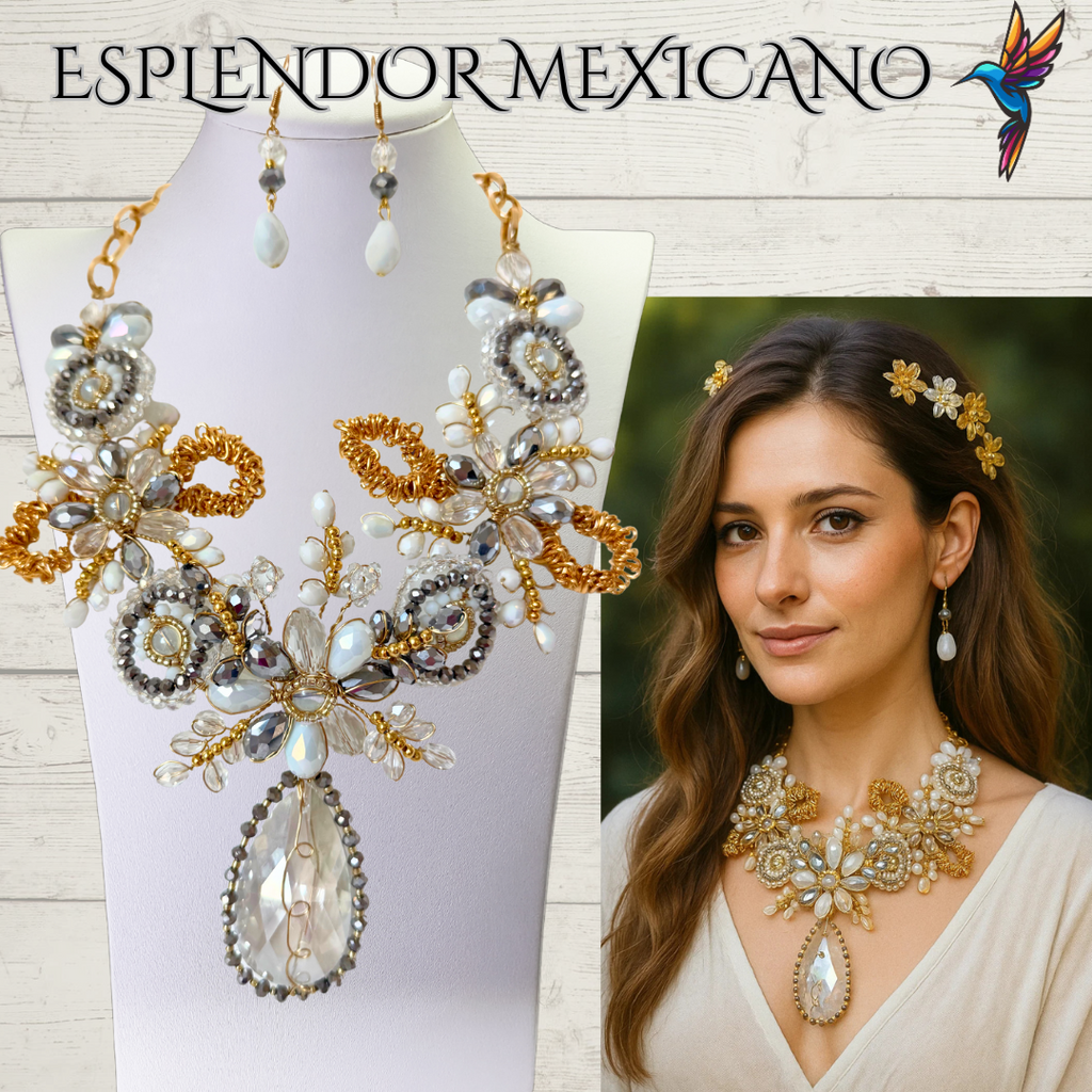 🤍✨ White & Gold Tear Drop Beaded Necklace Set – Handmade in Mexico