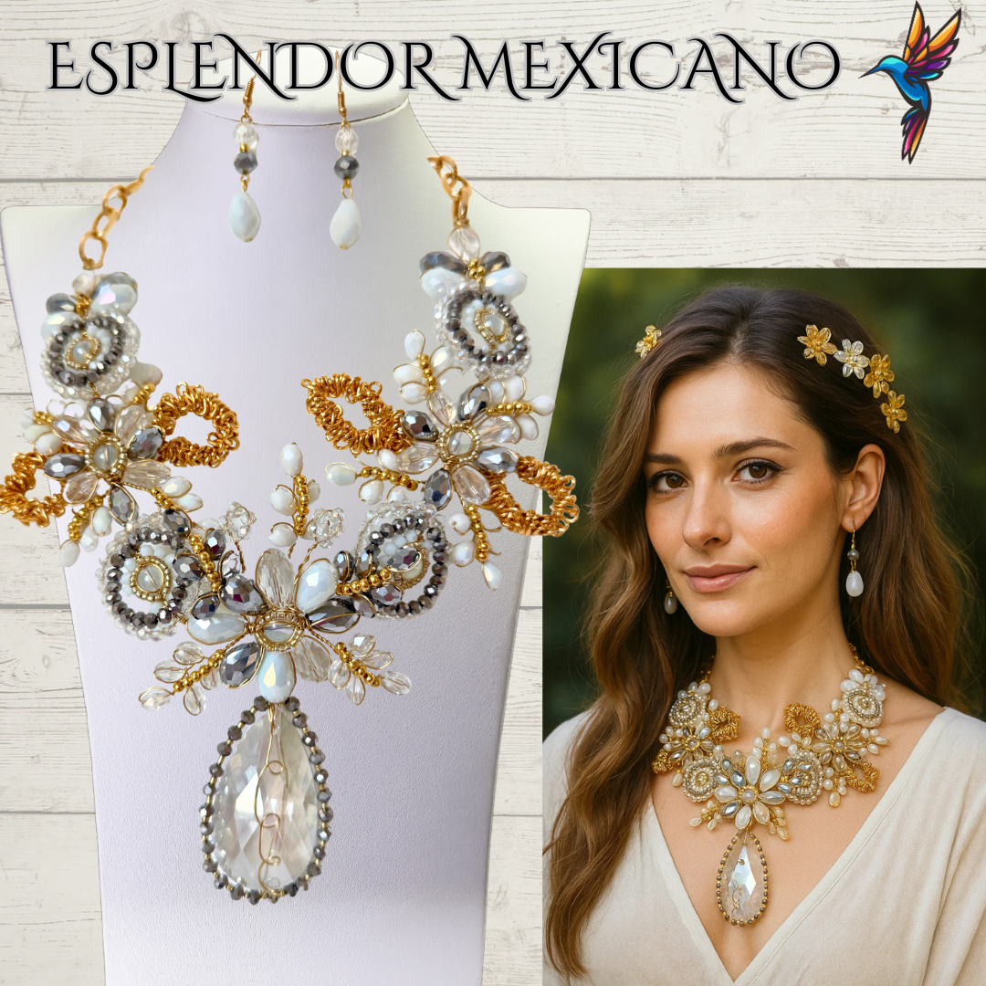 🤍✨ White & Gold Tear Drop Beaded Necklace Set – Handmade in Mexico