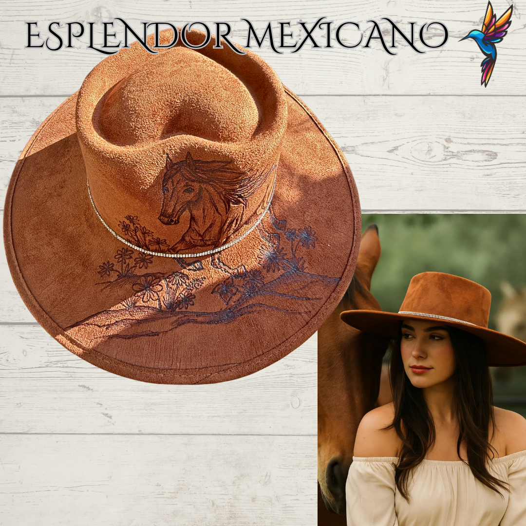🤎 Hand-Burned Horse & Mountain Cowgirl Hat – Suede Heart Shape