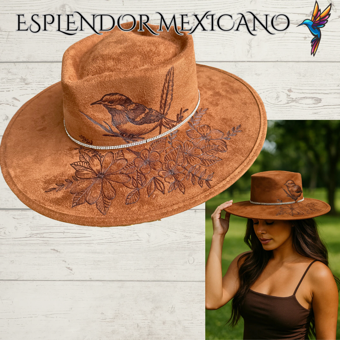 🤎 Hand-Burned Suede Cowgirl Hat – Bird & Floral Design