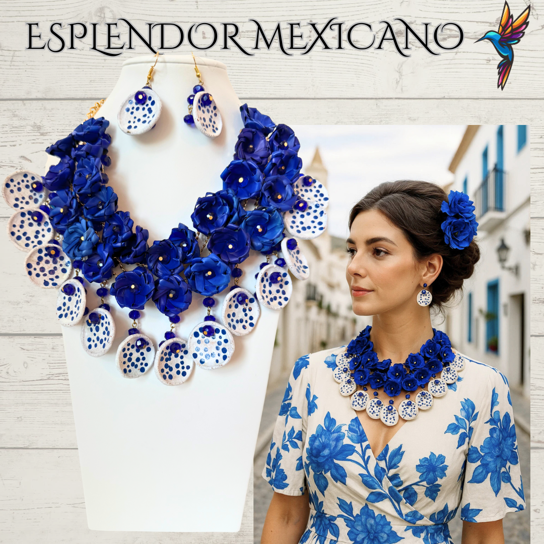 💙🤍 Fiesta Dreams Statement Necklace Set – Talavera Clay, Palm & Glass Beads