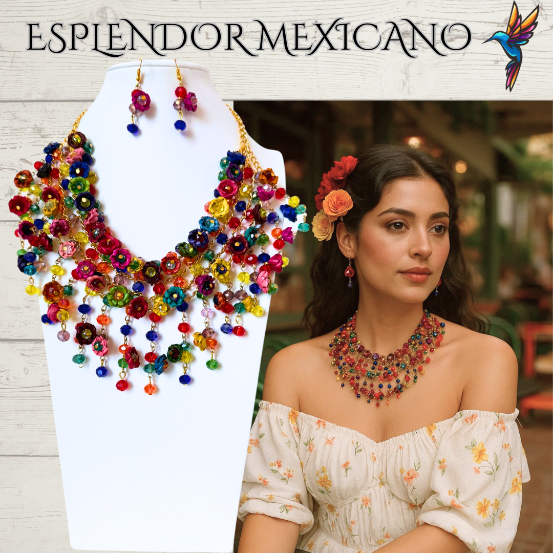 💙🩷💚 Palm Statement Necklace Set – Handmade in Mexico