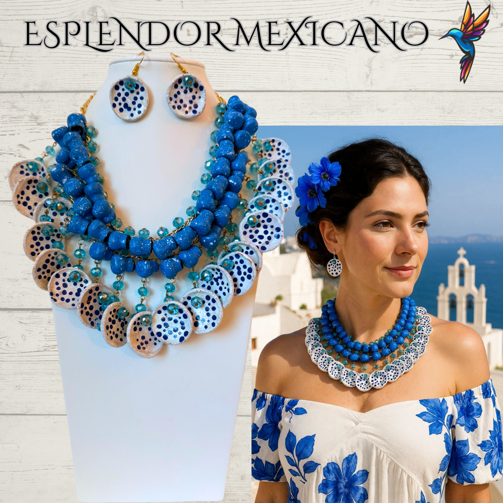 💙🩵 Fiesta Dreams Statement Necklace Set – Talavera Clay Jarritos, Platitos & Glass Beads