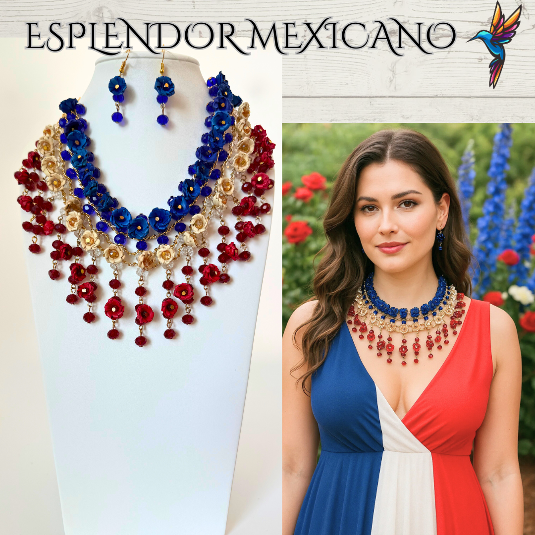 ❤️🤍💙 Natural Palm Statement Necklace Set – Handmade with Glass Beads