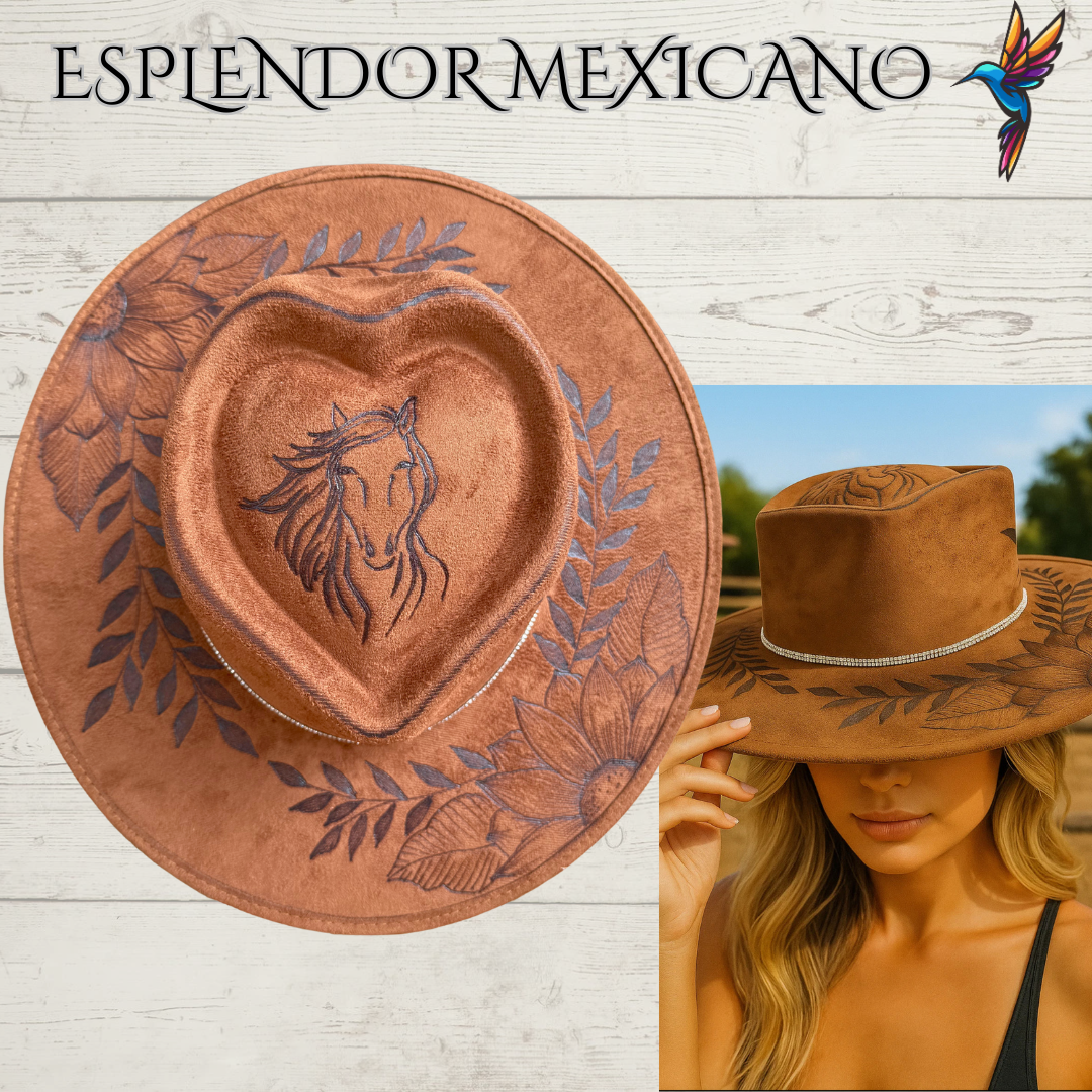 🤎 Hand-Burned Cowgirl Hat – Horse & Floral Design