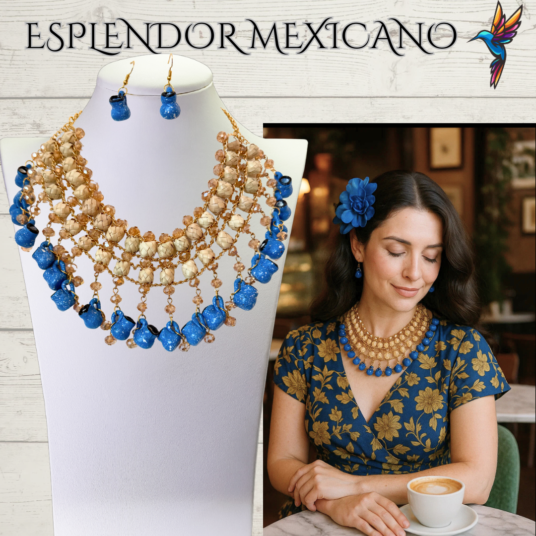 Fiesta Dreams Statement Necklace Set – Hand-Painted Jarritos, Palm & Glass Beads