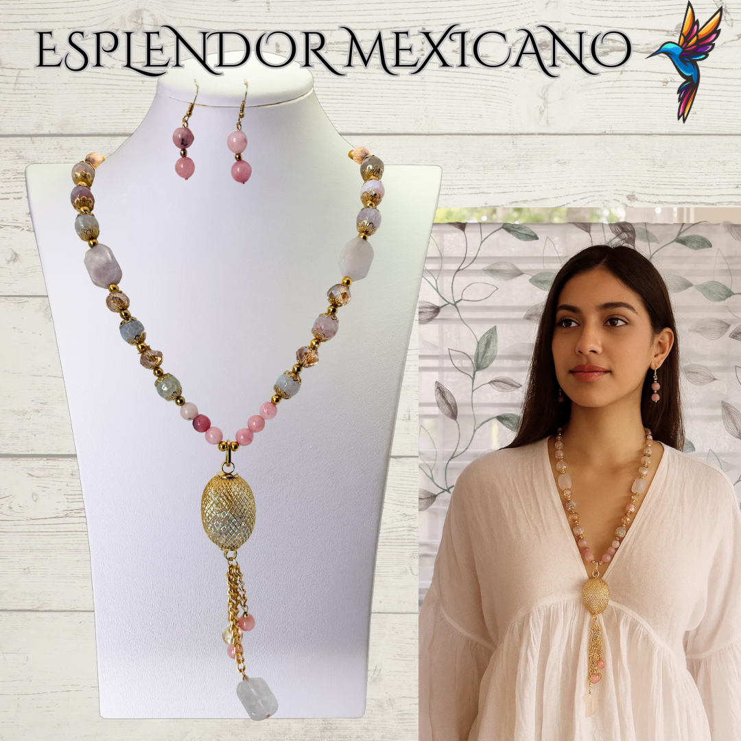 Mexican handmade Rose Pink Quartz Necklace Set/Natural Stone Healing Crystal Spiritual Protection Gift/Glass Charm Pendant/ Stone Necklace