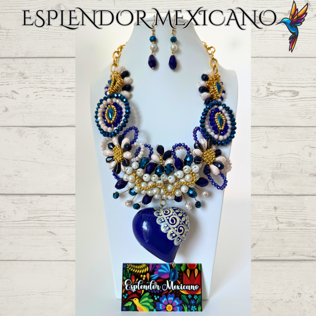 Mexican handmade Beaded Necklace Set with Hand Painted Ceramic Heart