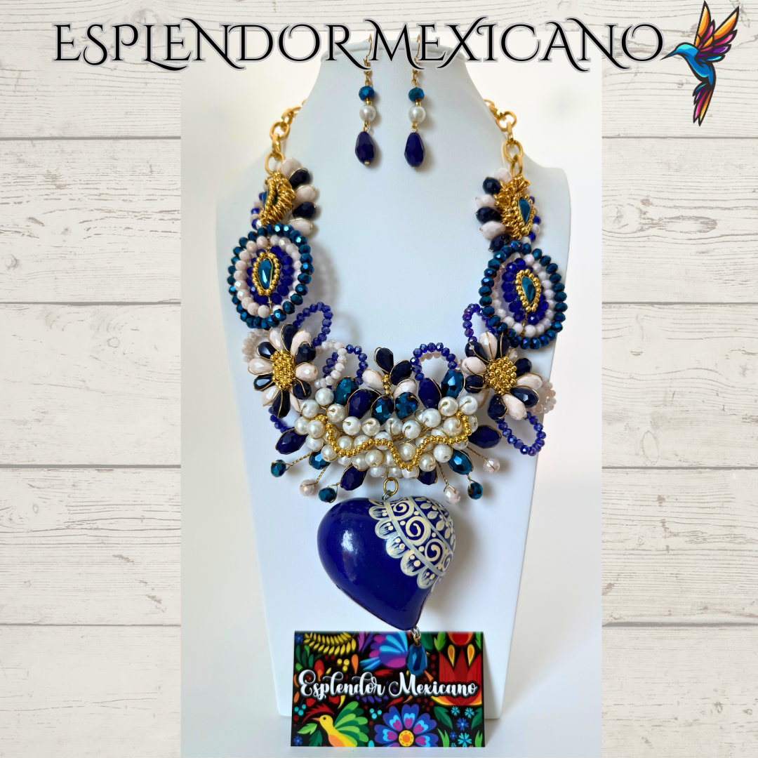 Mexican handmade Beaded Necklace Set with Hand Painted Ceramic Heart