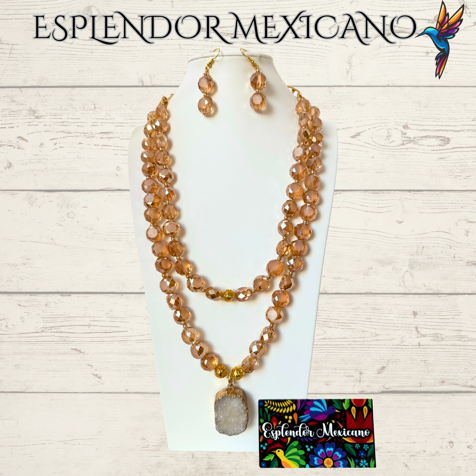 Beaded Golden Honey Faceted Cut Glass with Natural Stone pendant Necklace