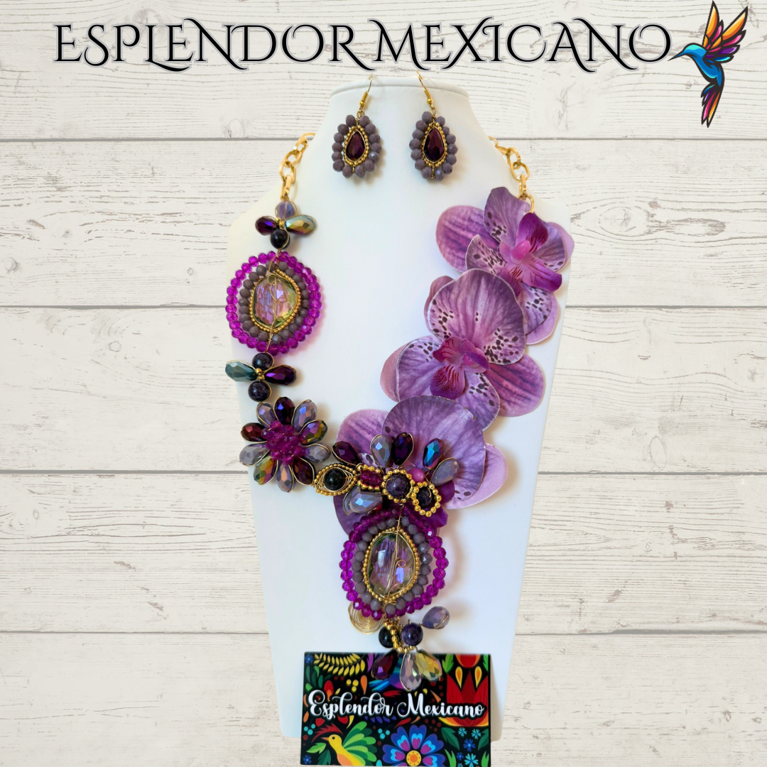 🌸 Orchid Statement Necklace Set – Handmade in Mexico