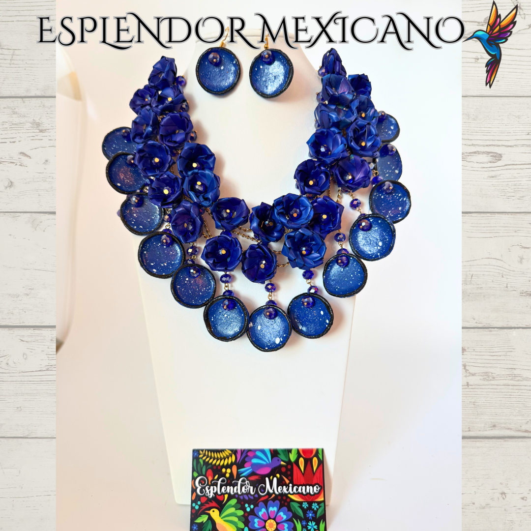 💎💙 Bold Blue Heritage Necklace Set – Mexican Talavera & Palm Craft