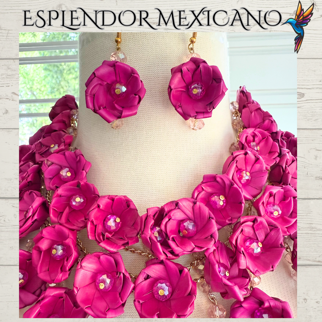 Mexican Artisanal Palm Necklace Jewelry Set/Palm Necklace & Earrings/Mexican Jewelry/Ethnic Necklace/Latina Style/Handmade in Mexico/Boho