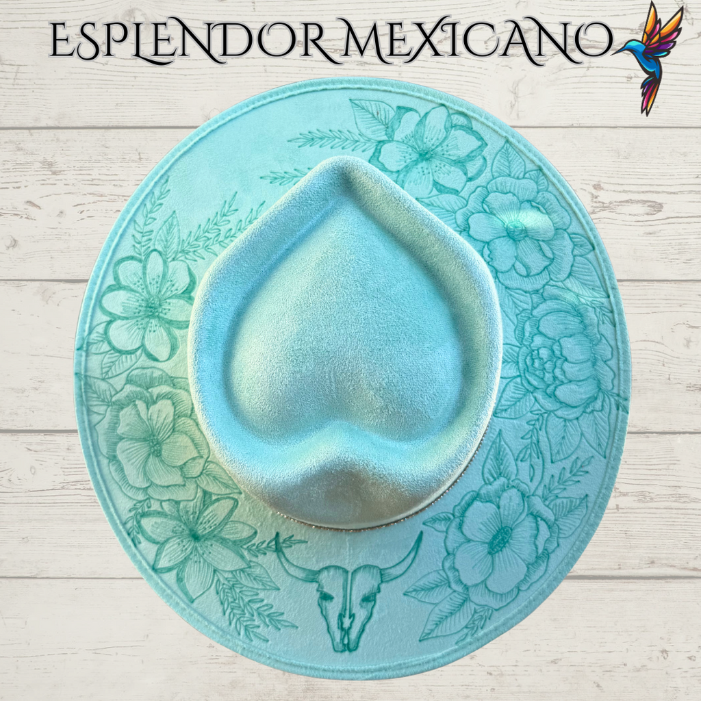 🩵 Handcrafted Suede Cowgirl Hat – Skull & Flower Design Heart-Shaped Crown