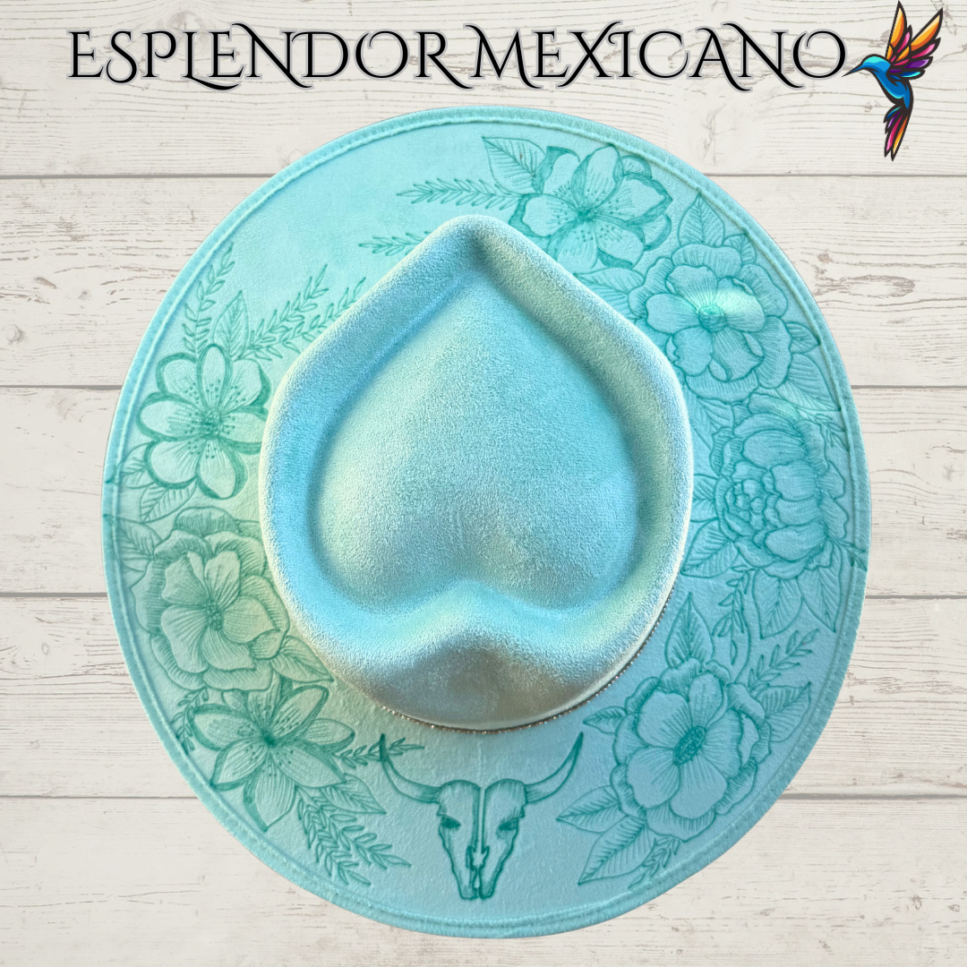 🩵 Handcrafted Suede Cowgirl Hat – Skull & Flower Design Heart-Shaped Crown