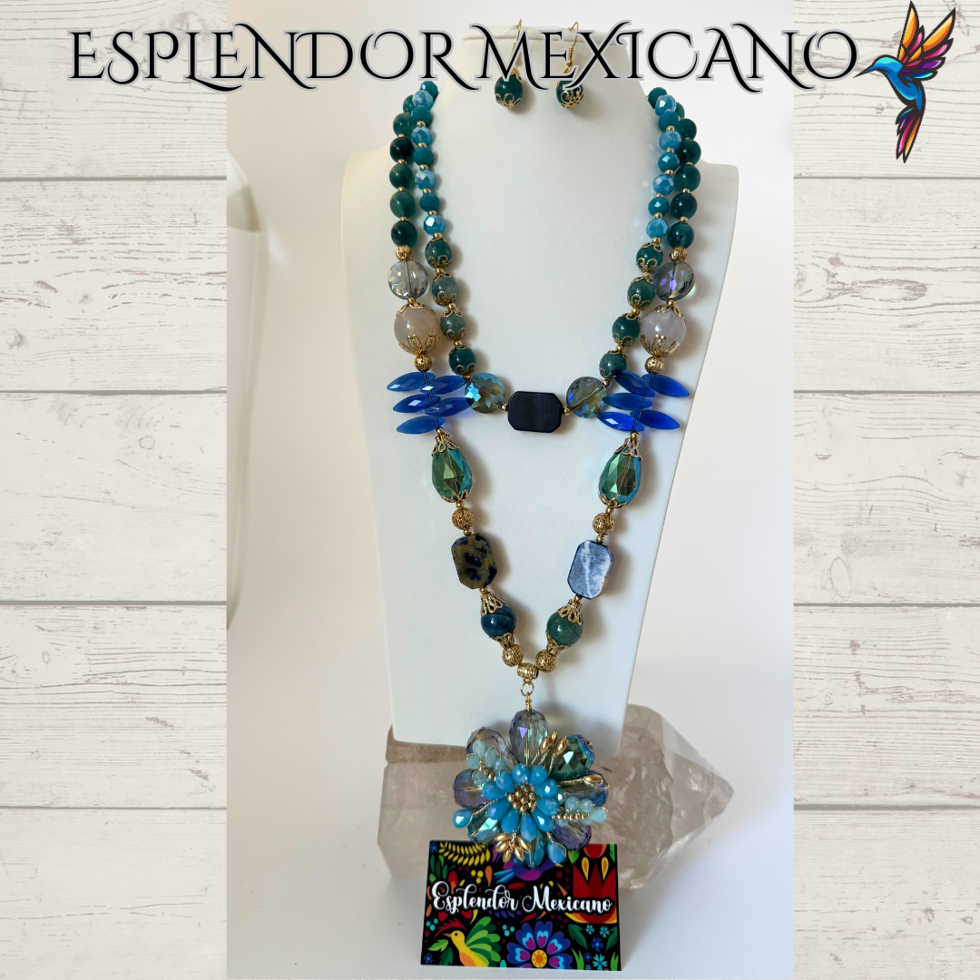 💙 Golden Handmade Necklace with Blue & Turquoise Gemstones – Artisan Jewelry from Mexico
