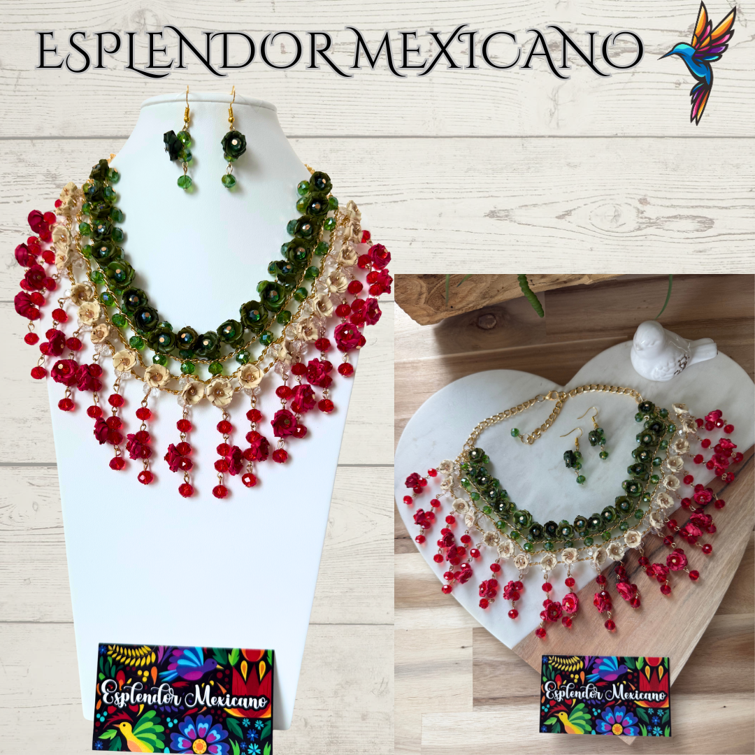 Mexican Artisanal Palm Flower Necklace Jewelry Set with Glass Beads