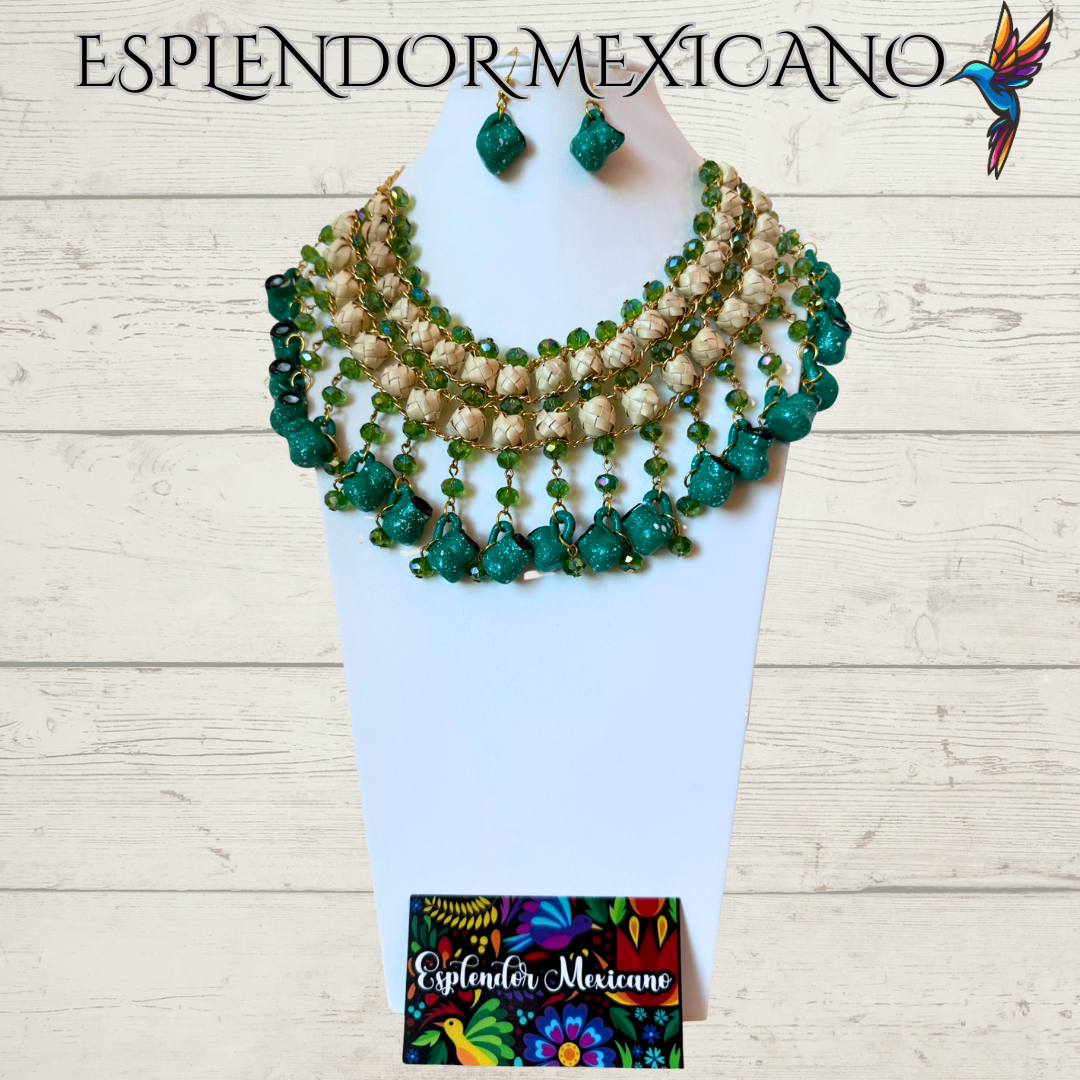 💚 Fiesta Dreams Statement Necklace Set – Talavera Clay Platitos, Palm & Beads