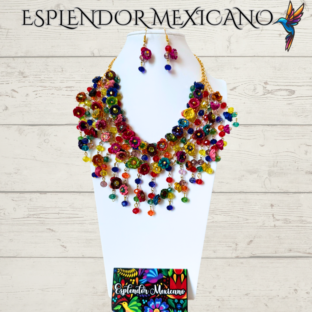 💙🩷💚 Palm Statement Necklace Set – Handmade in Mexico
