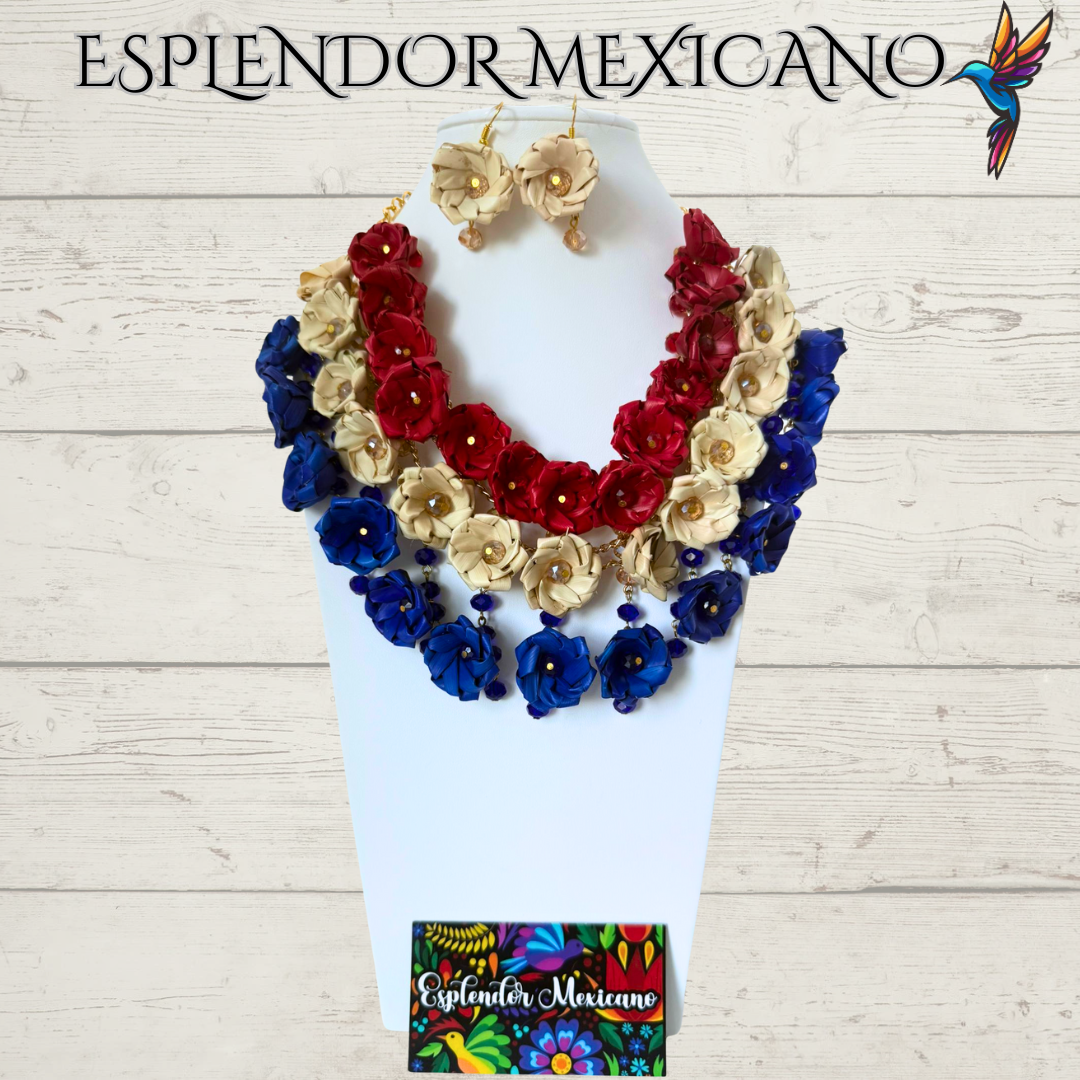 ❤️🤍💚💙 Rosalía Bloom Statement Necklace Set – Handmade Palm & Glass Beads
