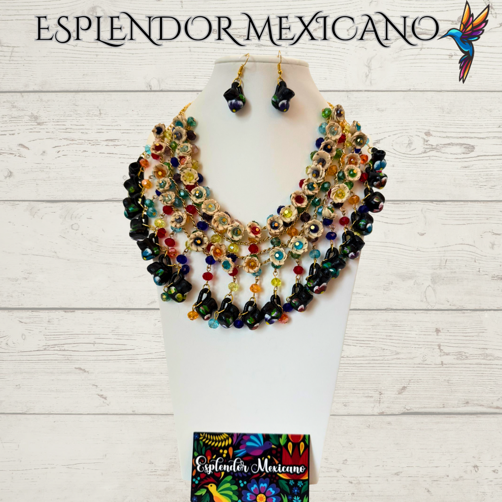 🌸 Fiesta Dreams Statement Necklace Set – Hand-Painted Jarritos, Palm & Beads